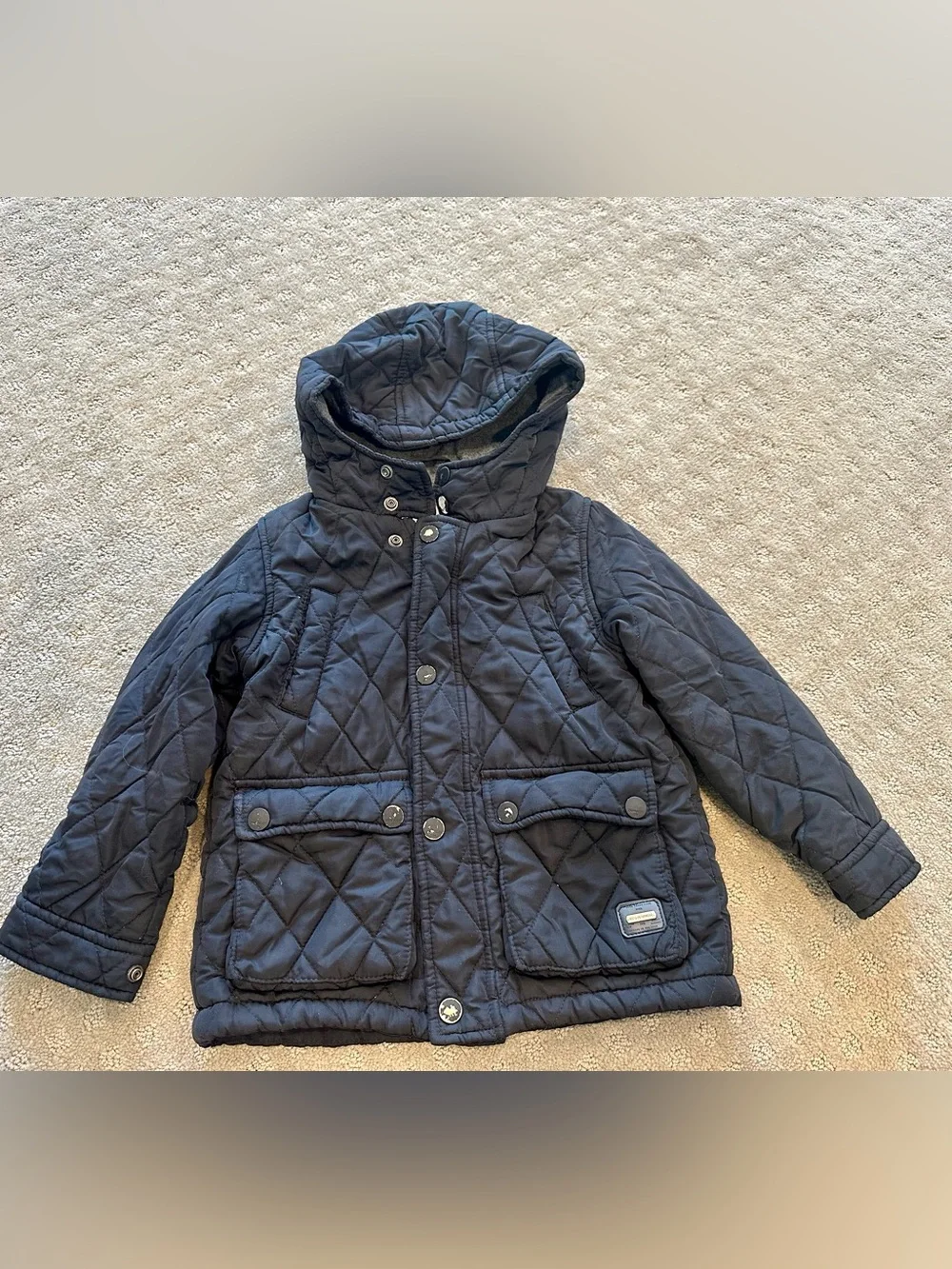 Zara Kids Navy Quilted Hooded Jacket Coat Fleece Lined Boys Size 5 Winter